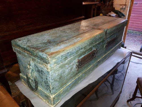Early Victorian Naval Sea Chest with Oak Name Plaques .