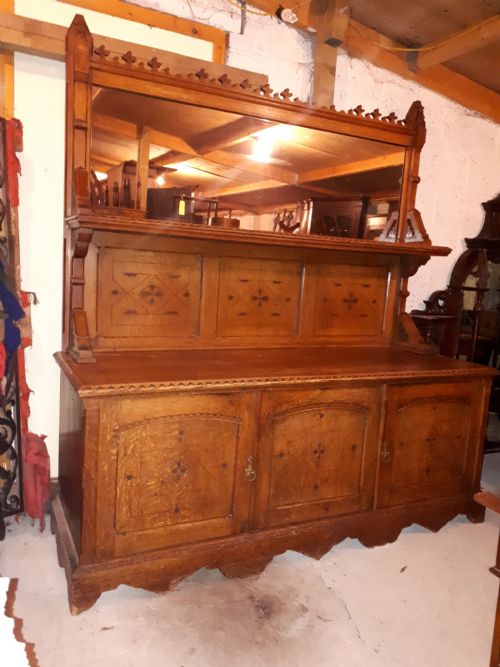 Useful 19th Century Oak Gothic Mirror Back Side Cabinet