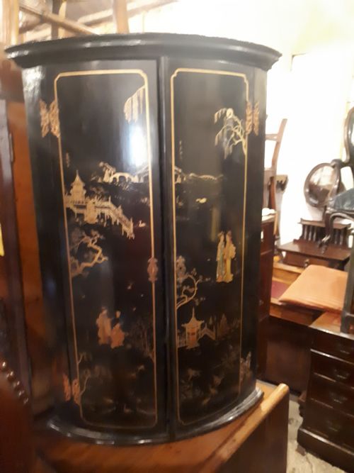 Antique Lacquered 2 Door Bow Front Corner Cupboard