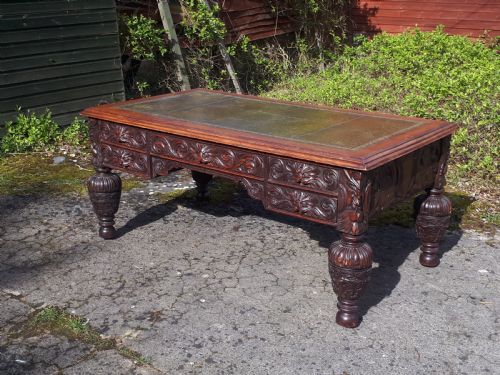 Large Victorian Carved Oak Partners Writing Desk
