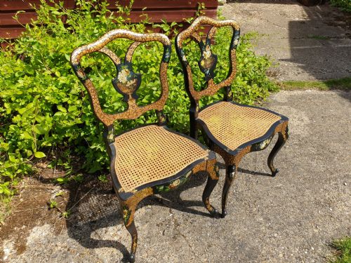 Lovely Pair of Lacquered and Painted Cane Seat Chairs.