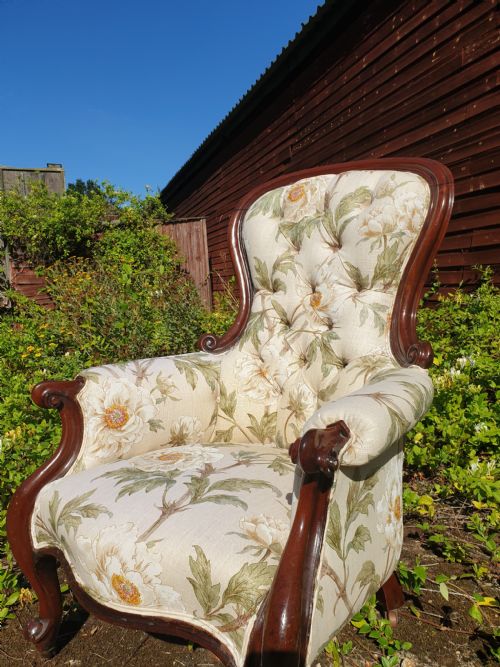 Victorian Upholstered Mahogany Framed Spoon Back Armchair