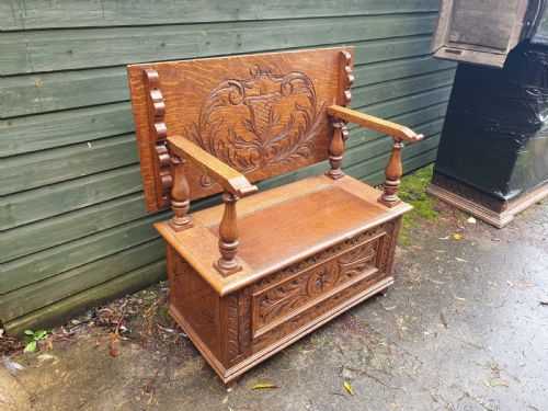 Carved Oak Fold Over Top Monks Hall Seat