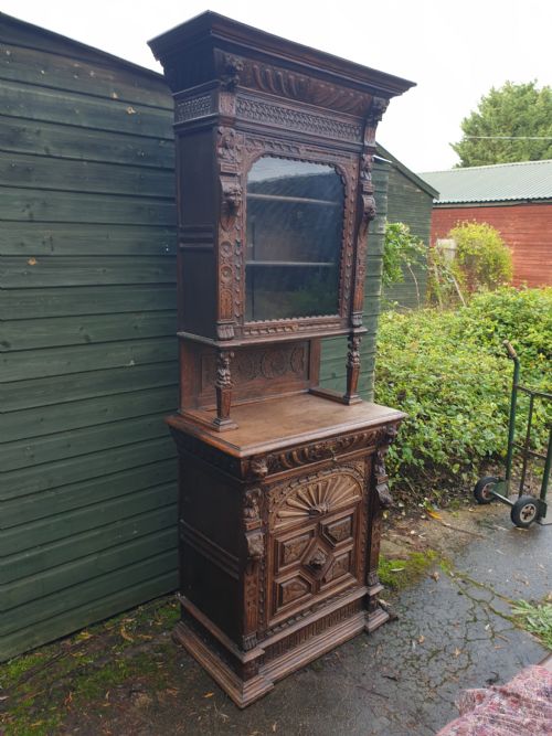 Late Victorian Carved Oak 2 Part Cabinet