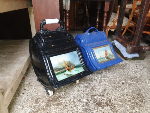 2 19th Century Coal Scuttles with Paintings to the Lids