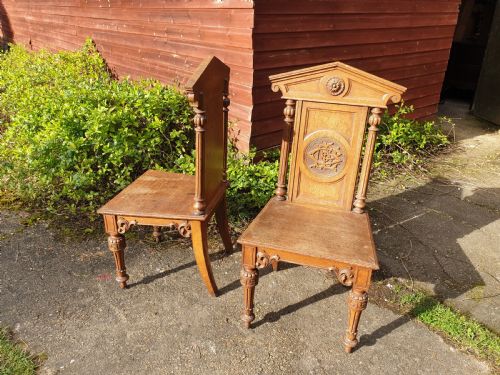 Pair Victorian Oak Hall Chairs