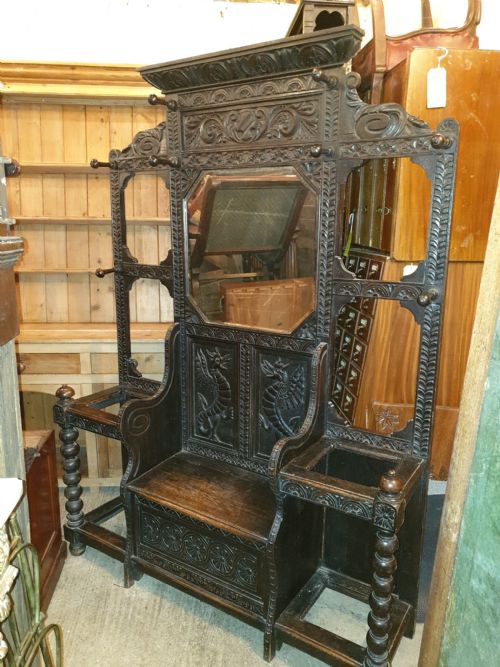 Large Victorian Carved Oak Box Seat Hallstand