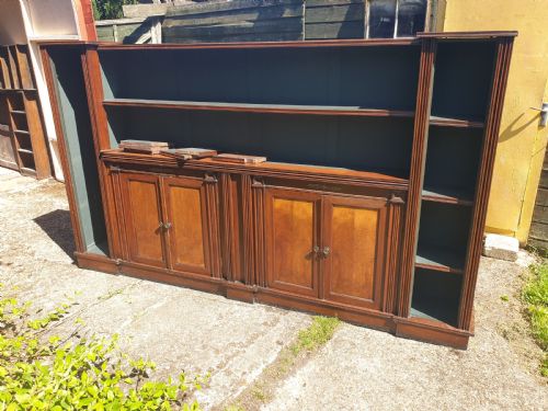 Useful Long Victorian Open Front Bookcase with Cupboards.