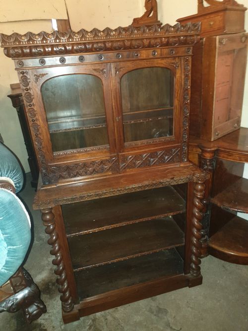 Neat 19th Century Carved Rosewood Bookcase Cabinet