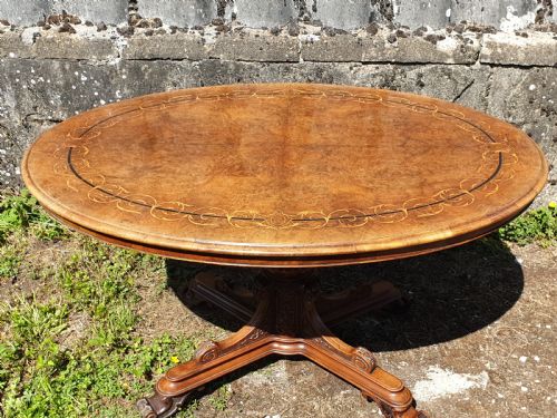Victorian Inlaid Walnut Pedestal Tip Top Table.