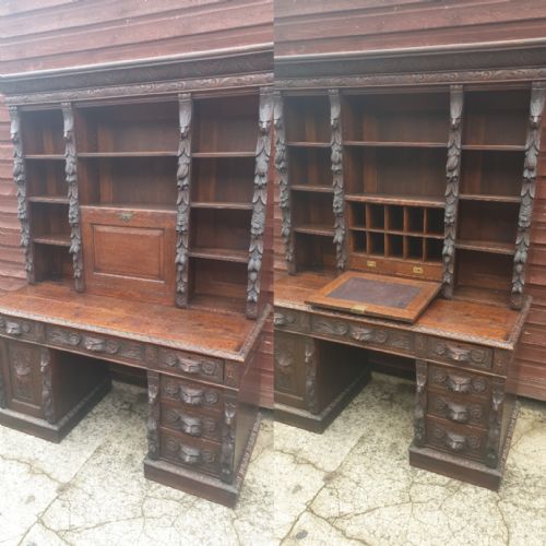 Neat Carved "Green Man" Oak Desk Bookcase