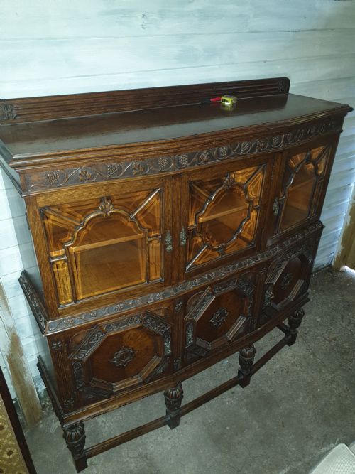 Good 1920s Carved Oak 2 Part Side Cabinet