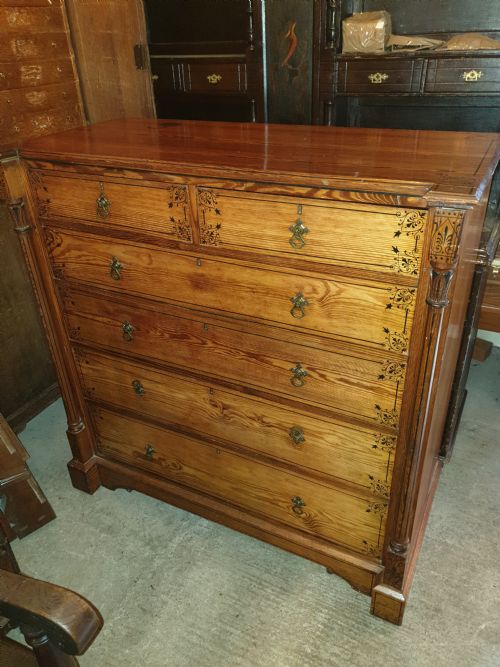 Victorian Decorated Pitch Pine Chest of Drawers.
