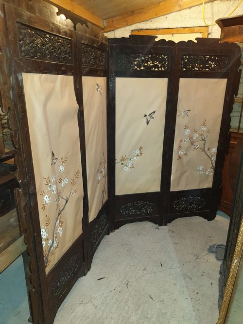 Very Large Carved Oriental 4 Fold Screen