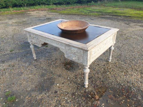 Large Carved Limed Oak Partners Writing Desk