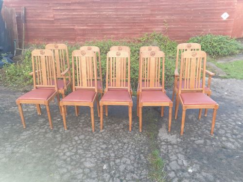 Set of 10 Oak Arts and Crafts Dining Chairs. 
