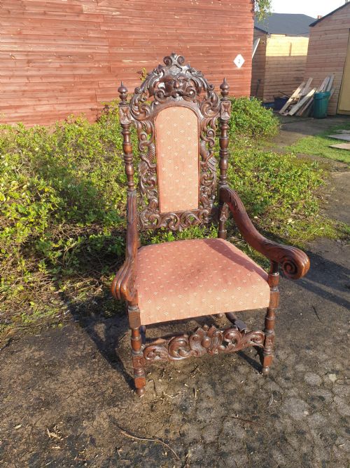 Large Victorian Carved Oak Hall Armchair.