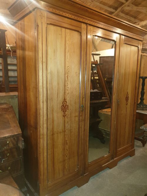 Victorian Decorated Pine Triple Wardrobe
