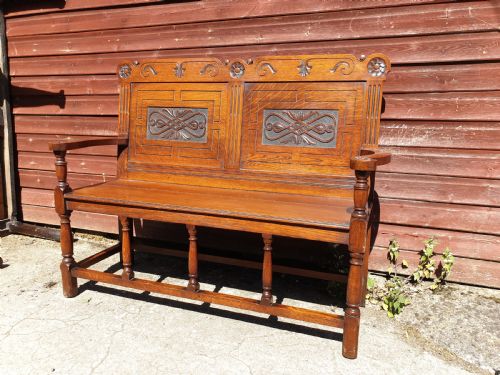 Edwardian Oak Carved Panelled Hall Seat