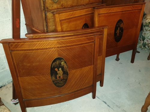 Pair of Edwardian Single Beds with Lacquered Panels.