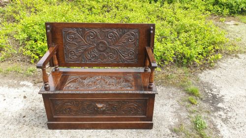 Late Victorian Carved Oak Monks Hall Bench
