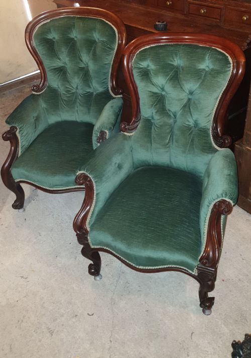 Close Pair of Mahogany Frame Spoon Back Upholstered Armchairs.