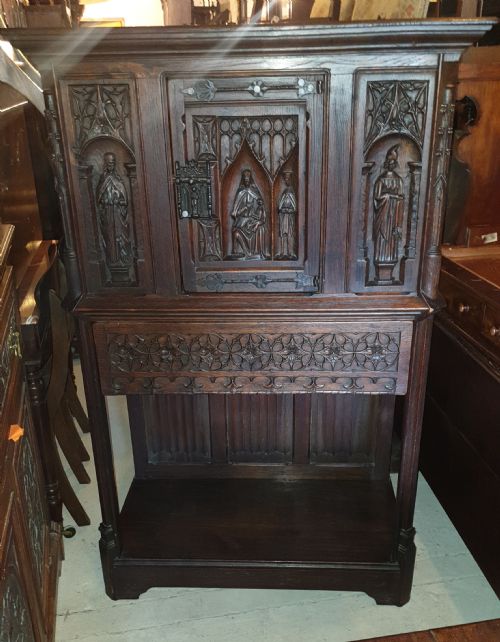 19th Century Carved Oak Gothic Revival Cabinet.