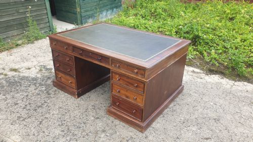 Victorian Mahogany Pedestal Partners Desk. Makers Stamp.