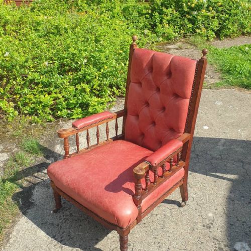 Late Victorian Oak Leather Upholstered Armchair. Stamped Gregory&co.