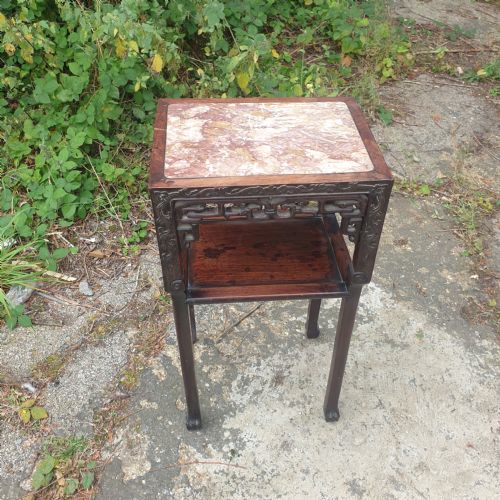 Carved Chinese Hardwood Marble Top Stand.