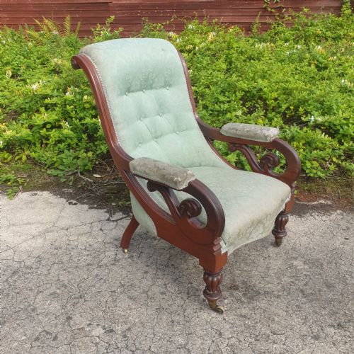 Early Victorian Mahogany Scroll Arm Library Armchair