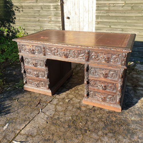 Victorian Carved Oak Green Man Pedestal Desk