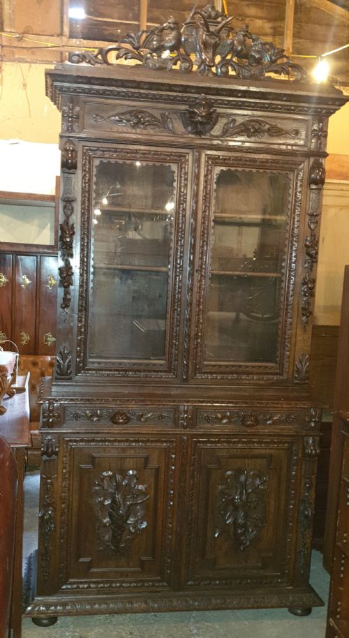 Large Victorian Carved Oak Bookcase Cabinet.