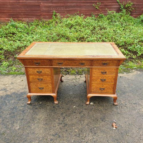 Burr Oak and Oak Kneehole Pedestal Writing Desk.