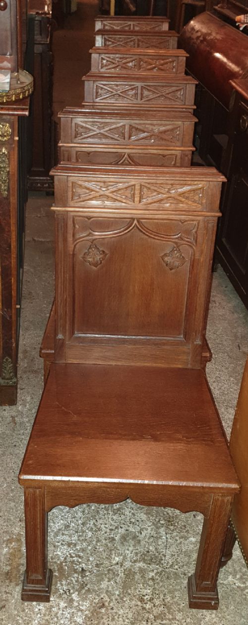 Set of 6 Oak Gothic Hall Chairs.