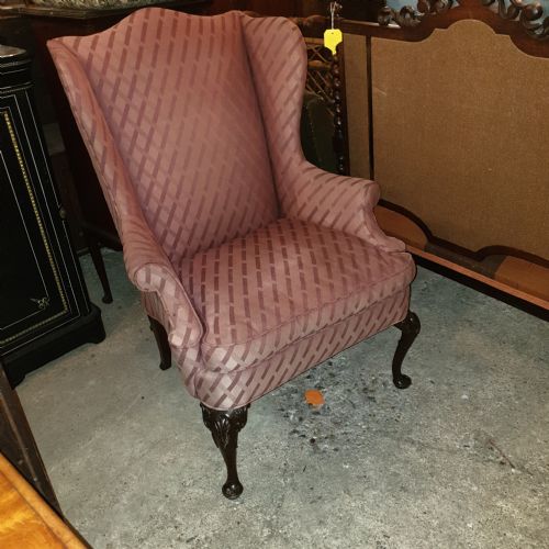 Mahogany Frame Wing Back Upholstered Armchair.