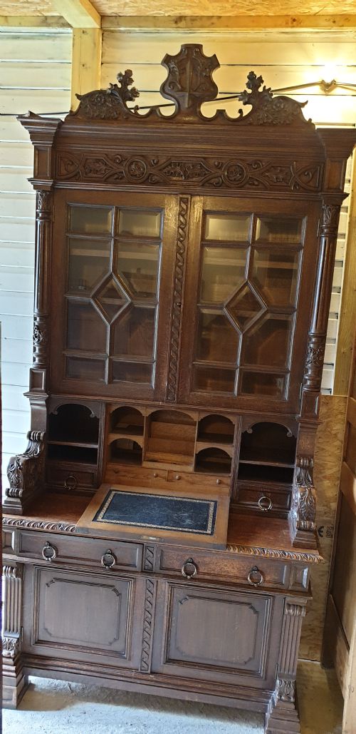19th Century Carved Oak Cabinet with Writing Slope.