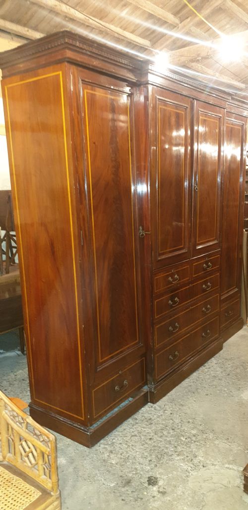 Large Edwardian Inlaid Mahogany Breakfront Wardrobe. 
Breaks Down Into 6 Sections.
