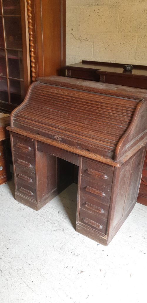 Small Oak Tambour Roll Top Pedestal Desk.