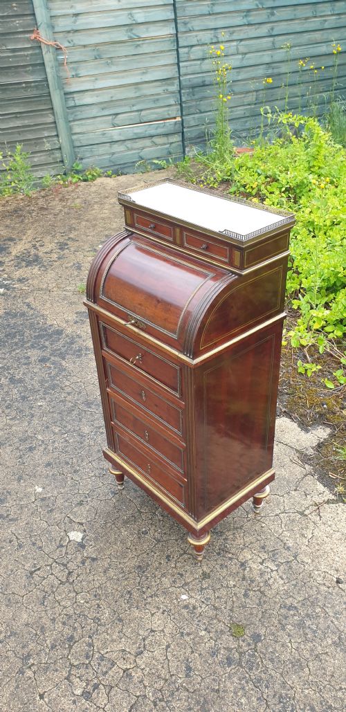 Delightful (18 Inches Width) Brass Inlaid Mahogany Cylinder Top Bureau Cabinet.