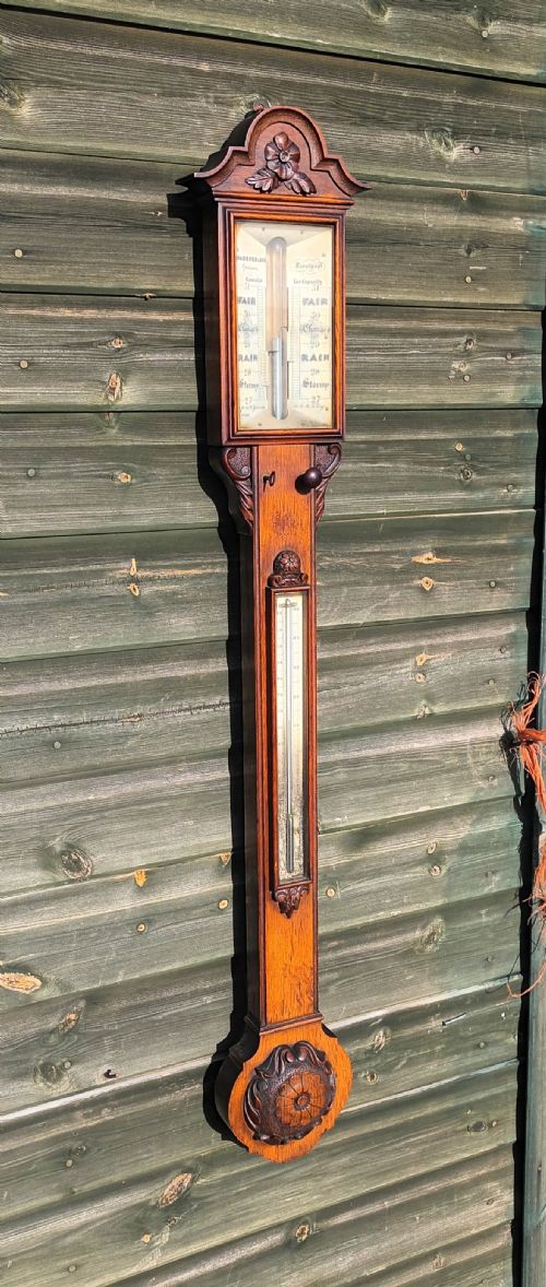 Good  Mid 19th Century Oak Stick Barometer.