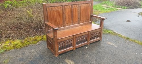 Antique Carved Oak Gothic Hall Seat.