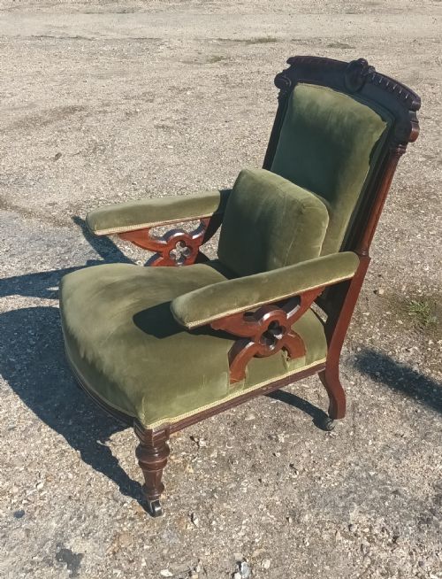 LATE VICTORIAN MAHOGANY FRAME UPHOLSTERED ARMCHAIR - ADDITIONAL PHOTO 1
