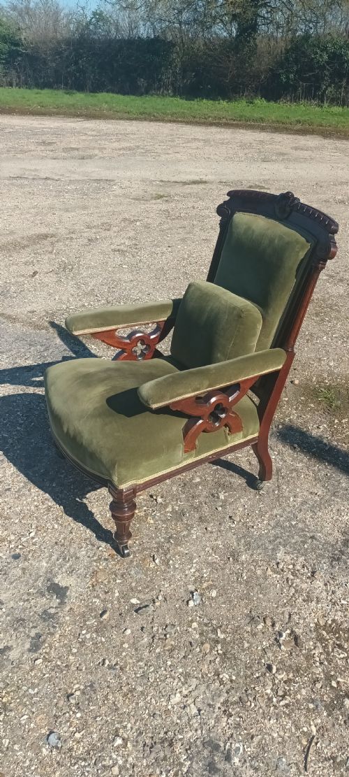 LATE VICTORIAN MAHOGANY FRAME UPHOLSTERED ARMCHAIR - ADDITIONAL PHOTO 6