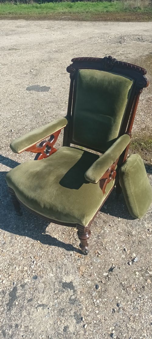 LATE VICTORIAN MAHOGANY FRAME UPHOLSTERED ARMCHAIR - ADDITIONAL PHOTO 7