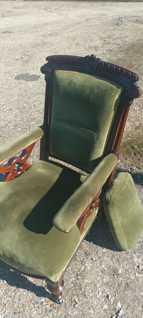 LATE VICTORIAN MAHOGANY FRAME UPHOLSTERED ARMCHAIR - ADDITIONAL PHOTO 8