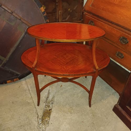 EDWARDIAN INLAID SATINWOOD OVAL 2 TIER ETAGERE TABLE - ADDITIONAL PHOTO 4