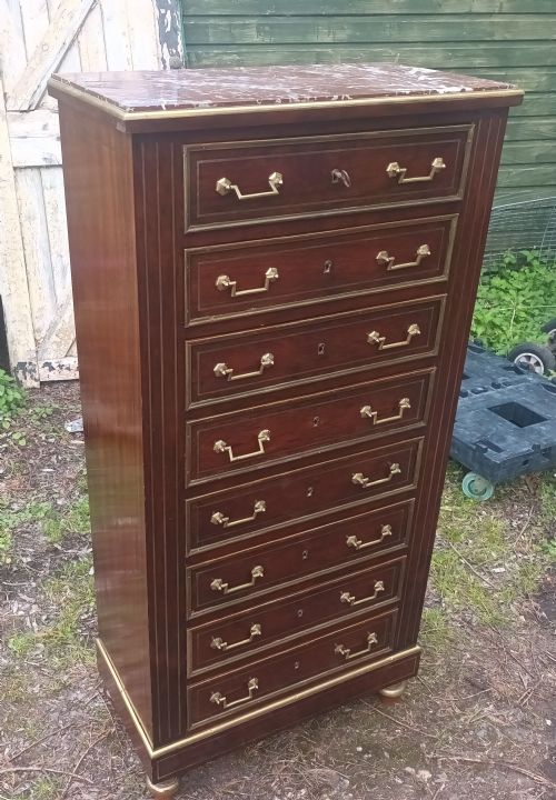 Marble Top Brass Mounted Semainier Mahogany Wellington Type Chest.