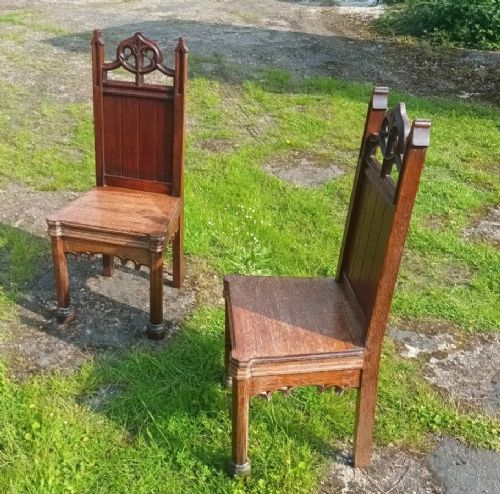Pair of Gothic Oak Hall Chairs.