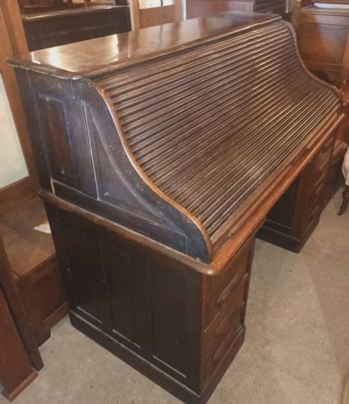 Large Oak Roll Top Pedestal Desk.